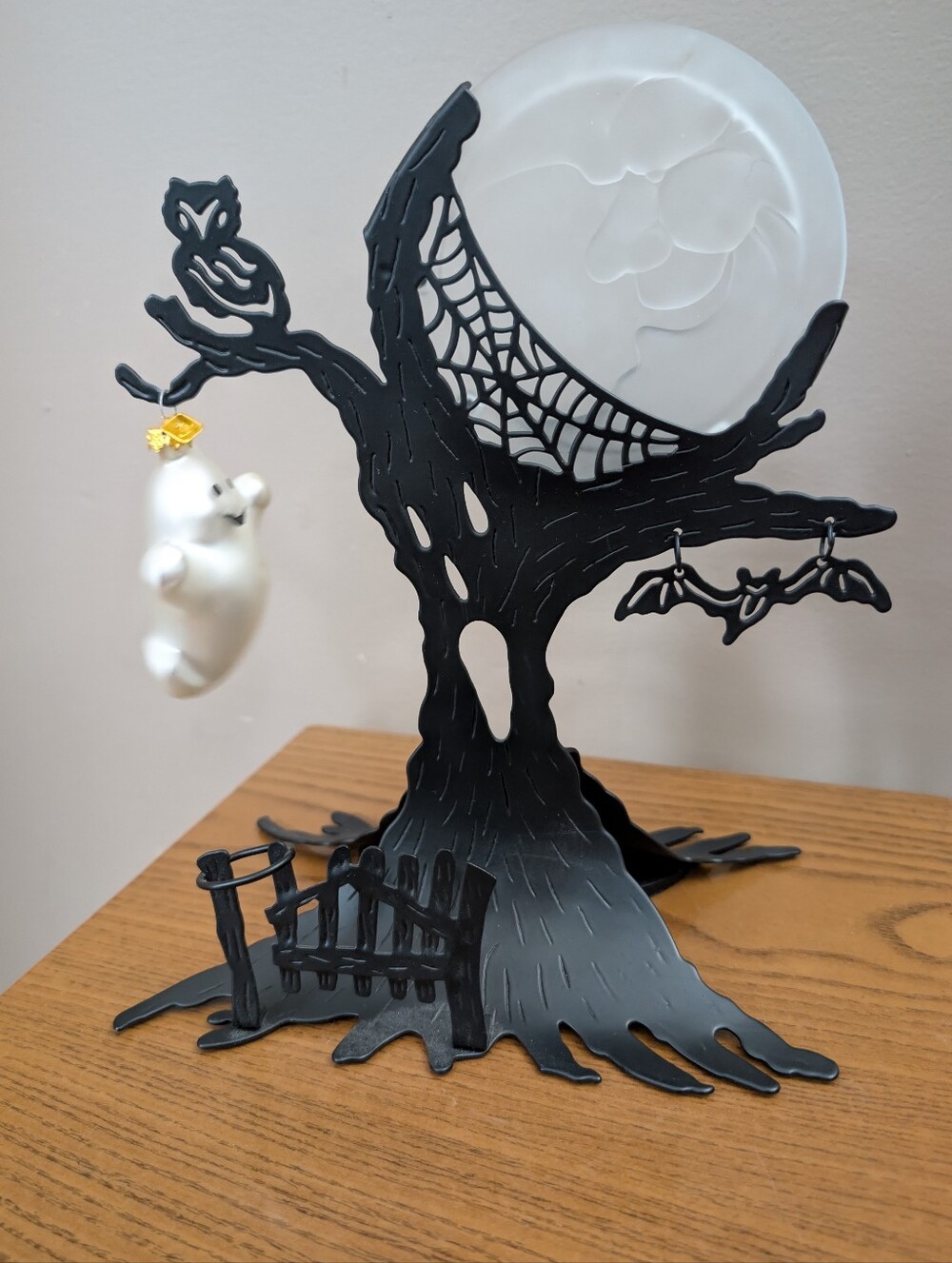 Halloween PartyLite Ghostly Tree Votive Holder Black Metal Ghost Crescent Moon